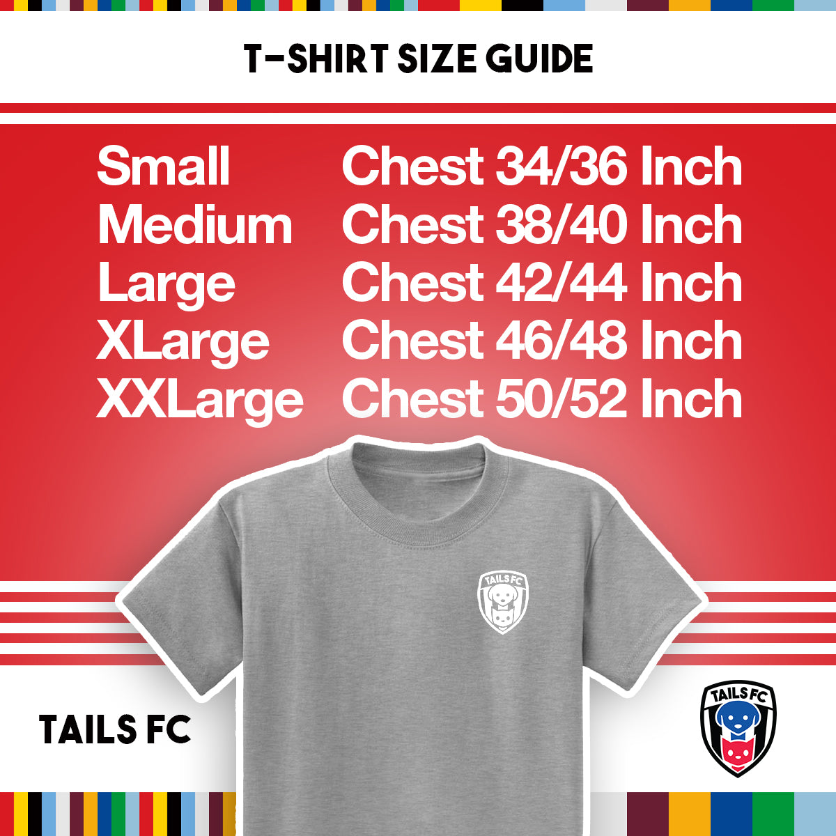 T-shirt size guide with TAILS FC logo on a red background