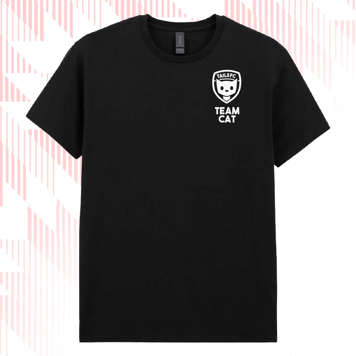 Tails FC Black t-shirt with 'Team Cat' logo on a pink and white striped background