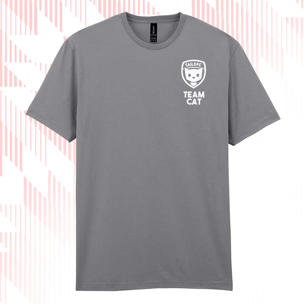 Tails FC Gray t-shirt with 'Team Cat' logo on a white background