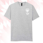 Tails FC Gray t-shirt with white Team Cat logo and text on a patterned background