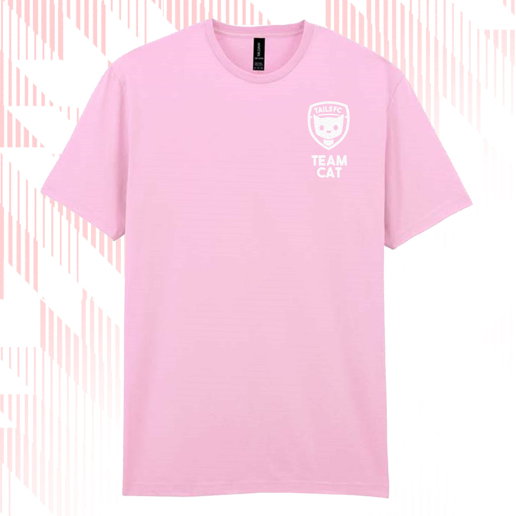Tails FC Pink t-shirt with 'Team Cat' logo on a pink background