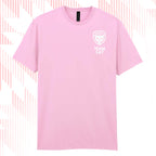 Tails FC Pink t-shirt with 'Team Cat' logo on a pink background