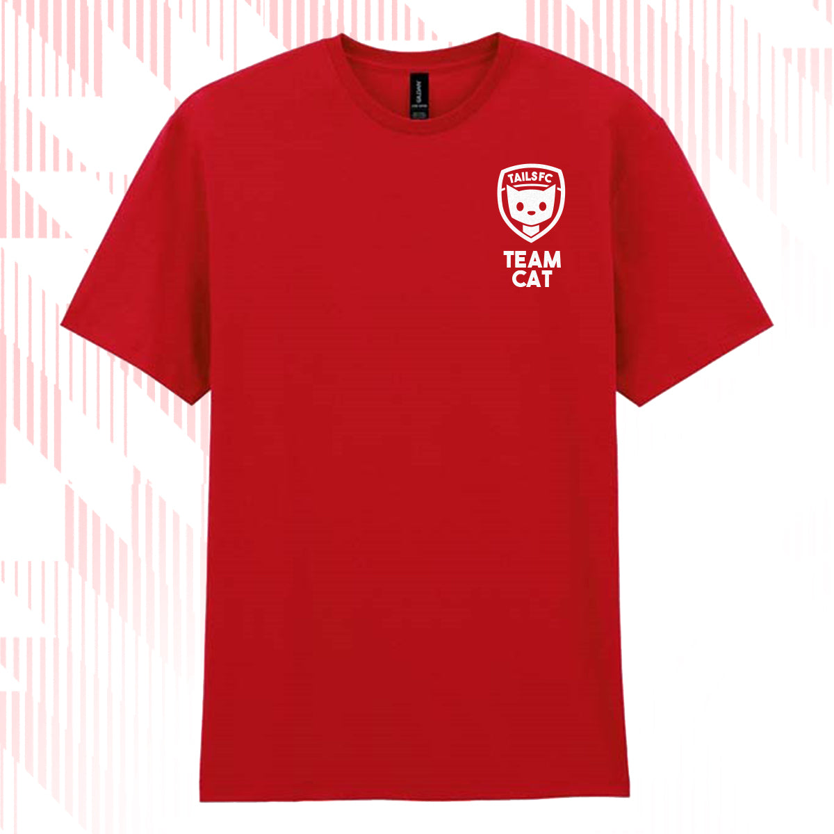 Tails FC Red t-shirt with 'Team Cat' logo on a white background