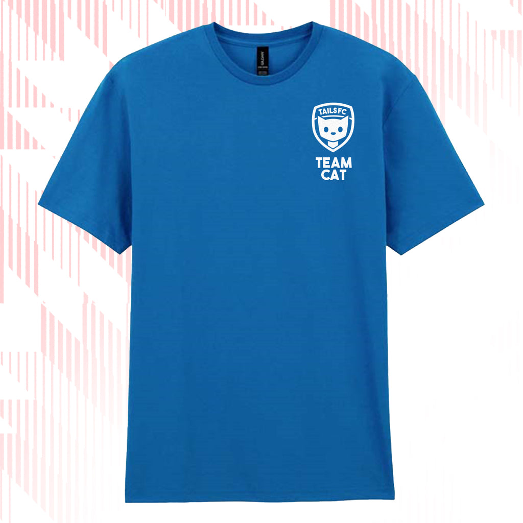 Tails FC Blue t-shirt with 'Team Cat' logo on a white background