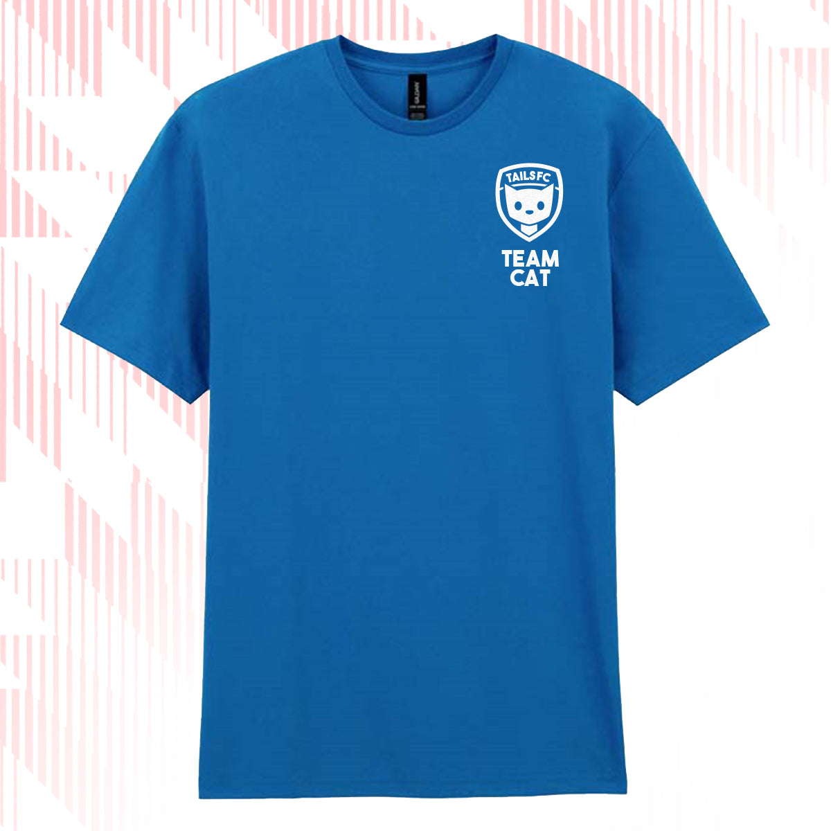 Tails FC Blue t-shirt with 'Team Cat' logo on a white background