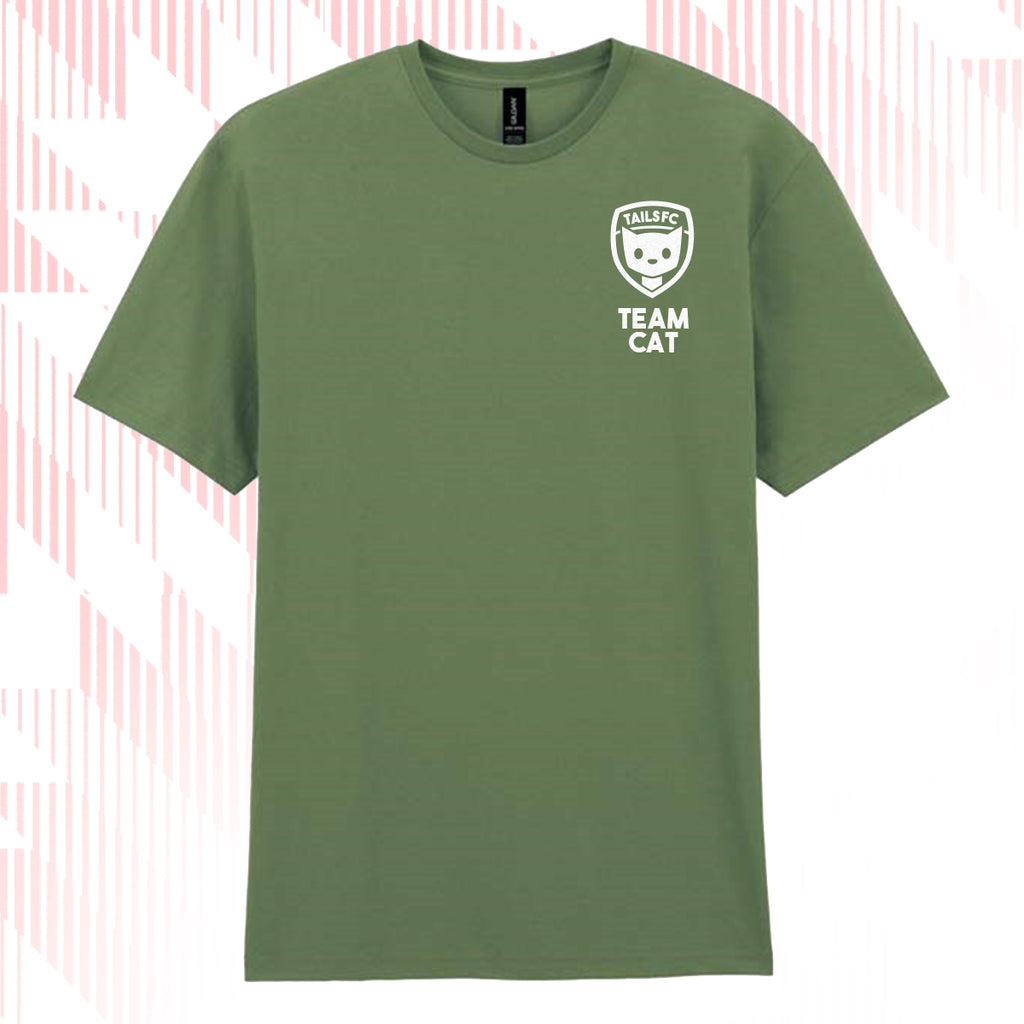 Tails FC Green t-shirt with white Team Cat logo on a pink and white striped background