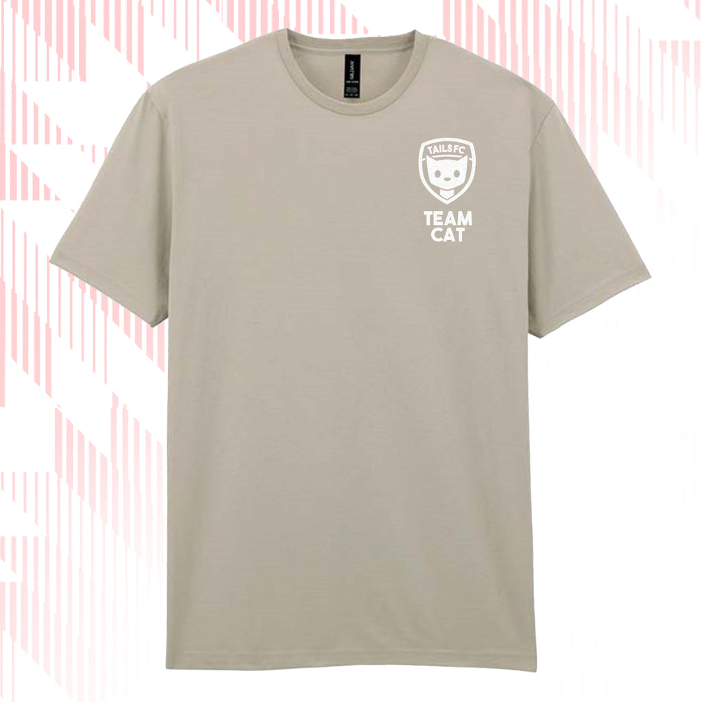 Tails FC Beige t-shirt with Team Cat white logo and text on a light pink background