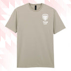 Tails FC Beige t-shirt with Team Cat white logo and text on a light pink background