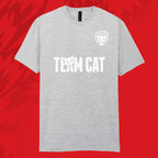 Tails FC Gray t-shirt with 'Team Cat' text and logo on a red background