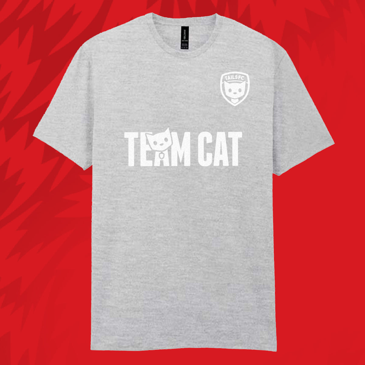 Tails FC Gray t-shirt with 'Team Cat' text and logo on a red background