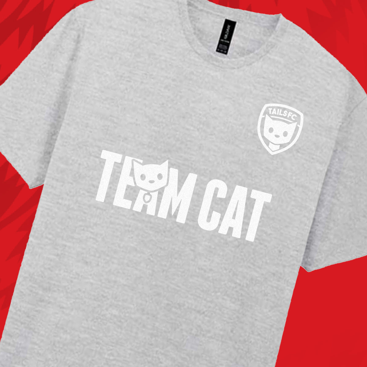 Tails FC Gray t-shirt with 'Team Cat' text and logo on a red background