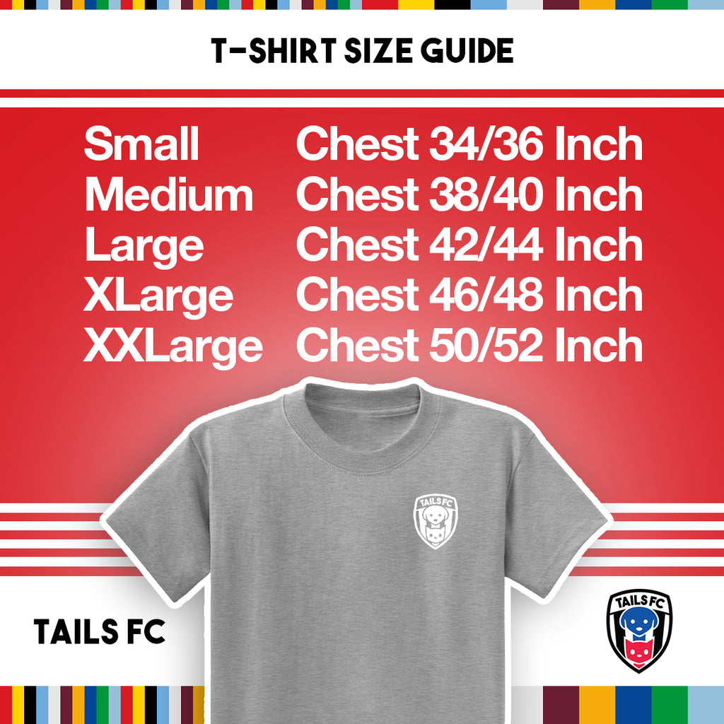 T-shirt size guide with TAILS FC logo on a red background