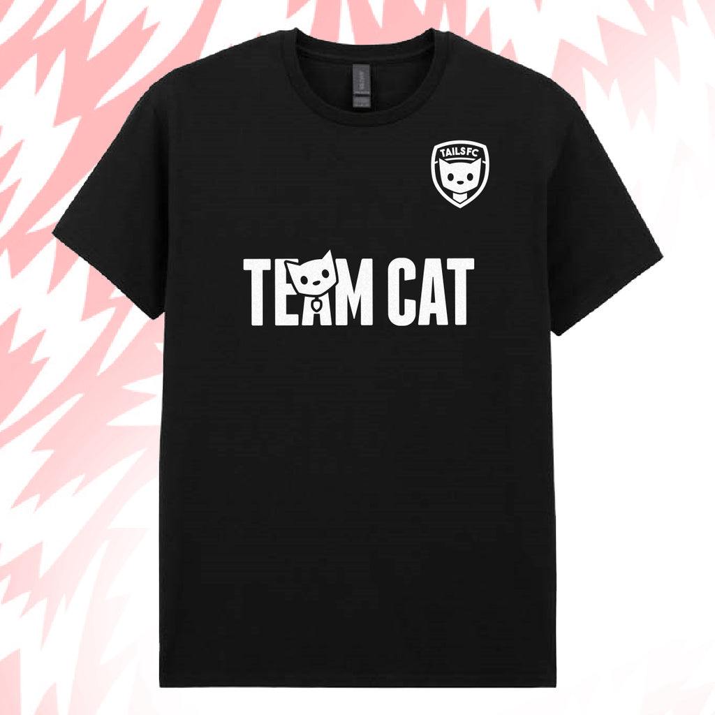 Tails FC Black t-shirt with 'Team Cat' text and logo on a pink background