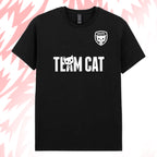 Tails FC Black t-shirt with 'Team Cat' text and logo on a pink background