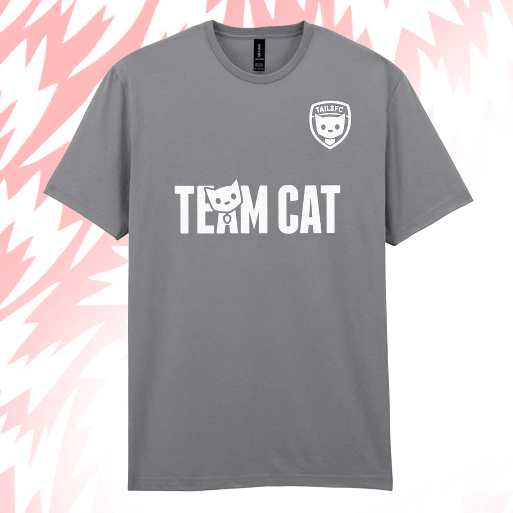Tails FC Gray t-shirt with 'Team Cat' text and logo on a pink and white abstract background