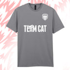 Tails FC Gray t-shirt with 'Team Cat' text and logo on a pink and white abstract background