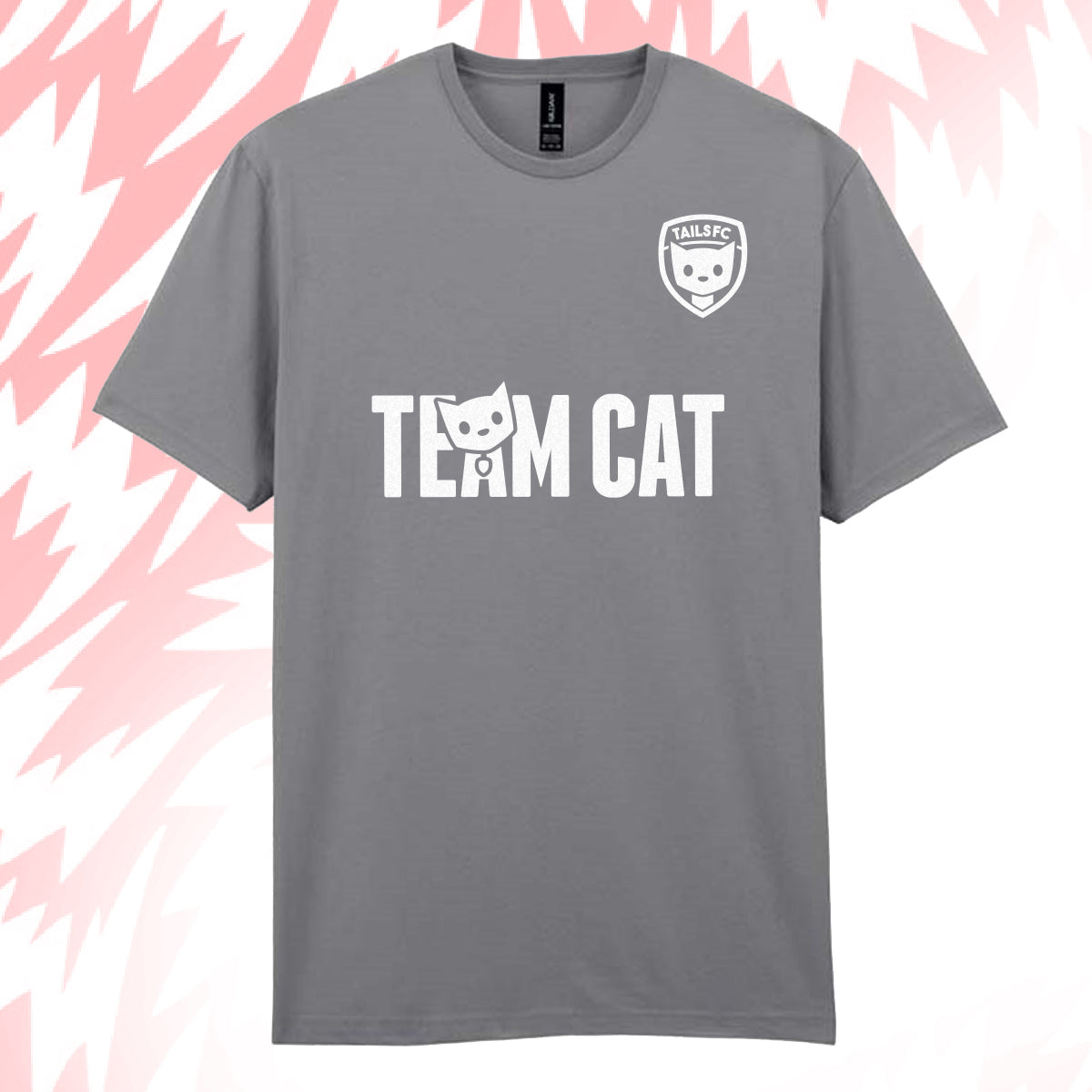 Tails FC Gray t-shirt with 'Team Cat' text and logo on a pink and white abstract background