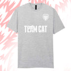 Tails FC Gray t-shirt with 'Team Cat' text and logo on a pink and white abstract background