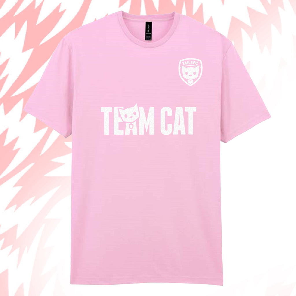 Tails FC Pink t-shirt with 'Team Cat' text and logo on a pink and white abstract background