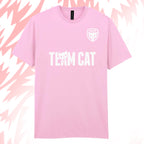 Tails FC Pink t-shirt with 'Team Cat' text and logo on a pink and white abstract background