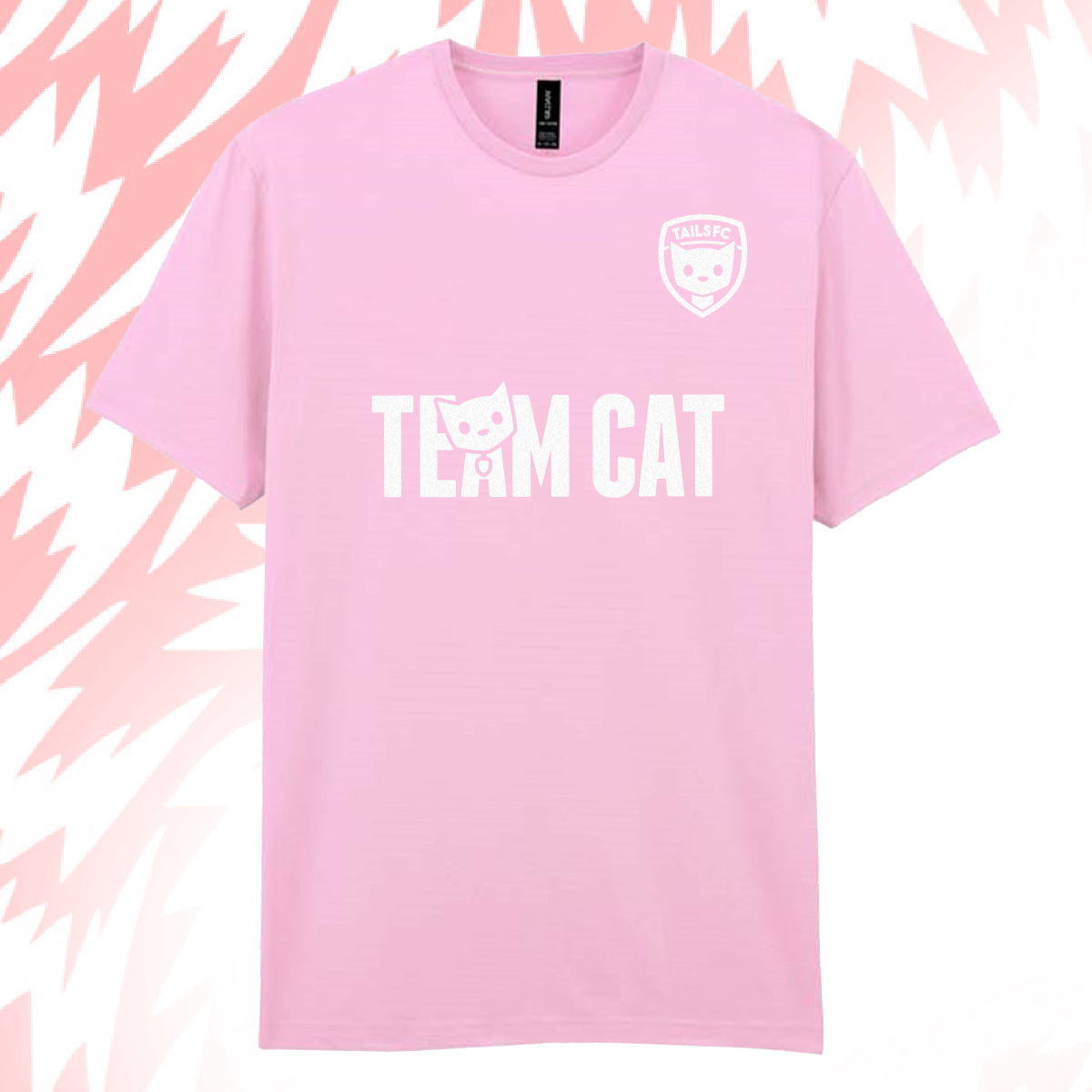 Tails FC Pink t-shirt with 'Team Cat' text and logo on a pink and white abstract background