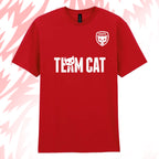 Tails FC Red t-shirt with 'Team Cat' text and logo on a pink and white abstract background