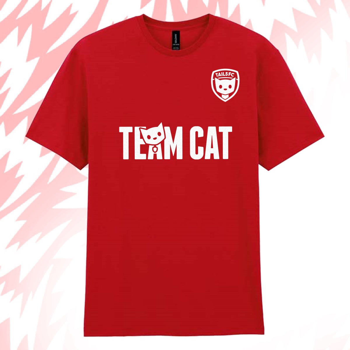 Tails FC Red t-shirt with 'Team Cat' text and logo on a pink and white abstract background