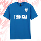 Tails FC Blue t-shirt with 'Team Cat' text and logo on a pink and white abstract background