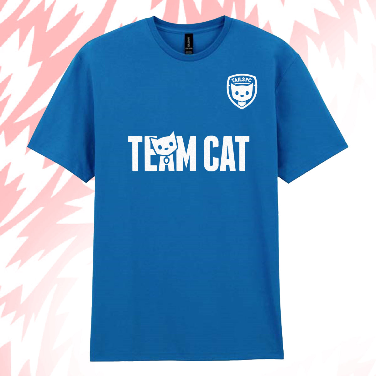Tails FC Blue t-shirt with 'Team Cat' text and logo on a pink and white abstract background
