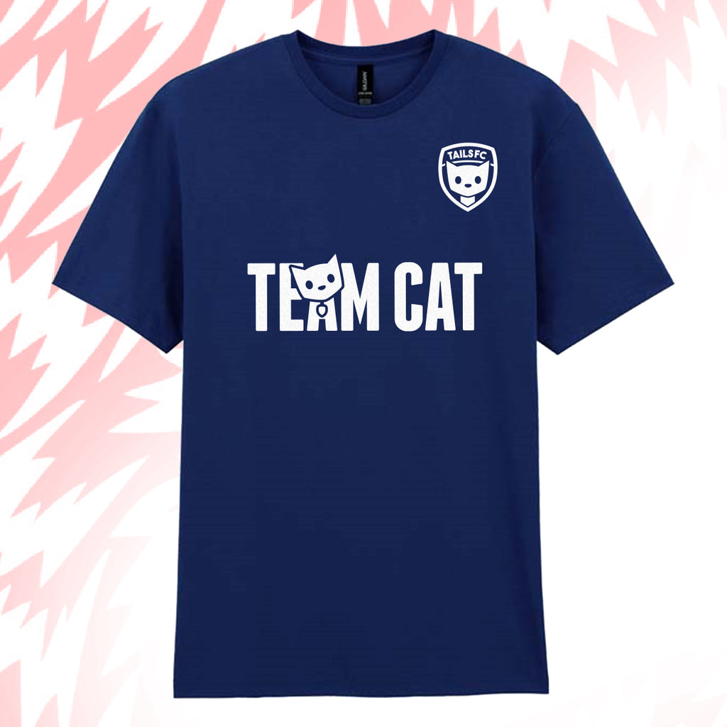 Tails FC Navy blue t-shirt with 'Team Cat' text and logo on a pink and white abstract background