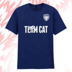 Tails FC Navy blue t-shirt with 'Team Cat' text and logo on a pink and white abstract background