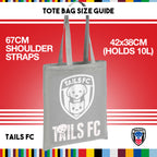 Tote bag with TAILS FC branding on a red background with size guide text.