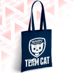 Navy blue tote bag with 'TAILSFC Team Cat' design on a geometric patterned background