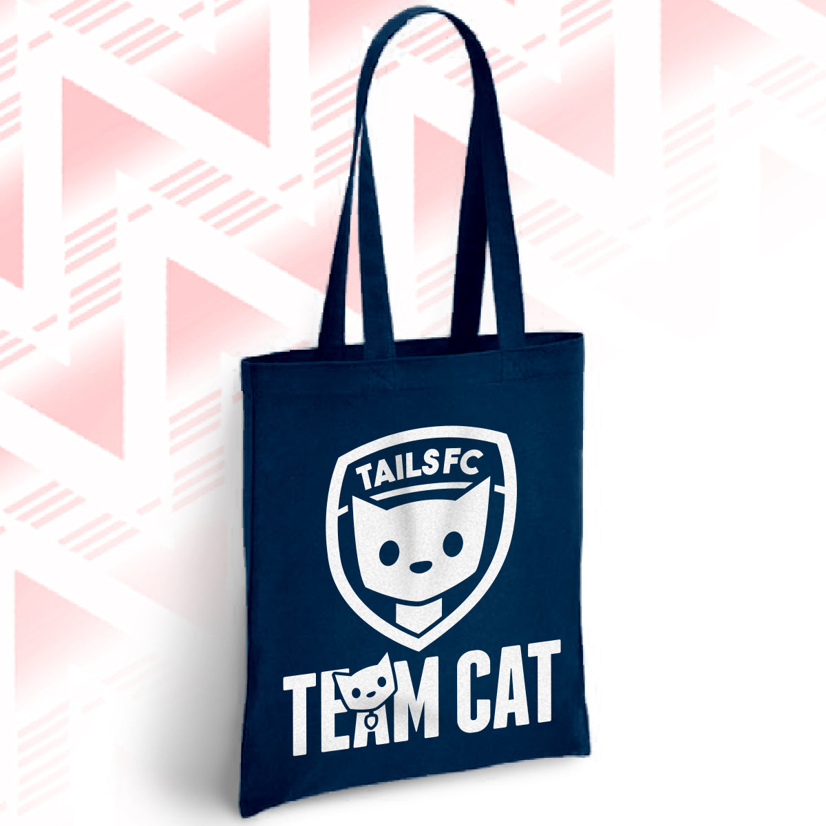 Navy blue tote bag with 'TAILSFC Team Cat' design on a geometric patterned background