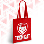 Red tote bag with 'TAILSFC Team Cat' design on a geometric patterned background
