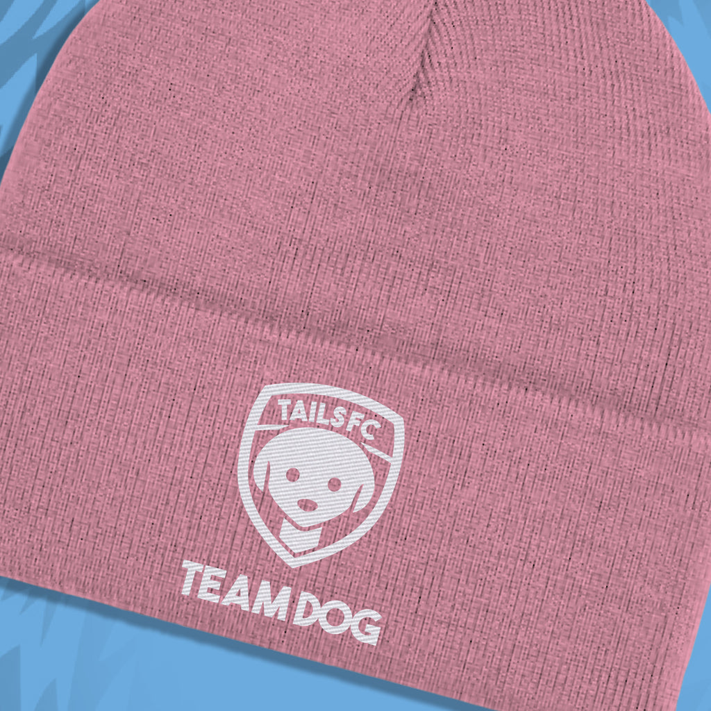 Pink beanie with 'TAILS FC TEAM DOG' logo on a blue background