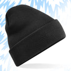 Tails FC Black beanie on a light blue background with abstract patterns