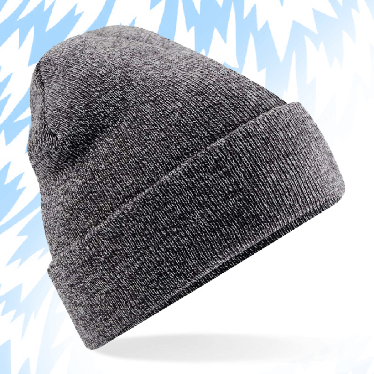 Tails FC Gray knit beanie on a light blue background with abstract patterns