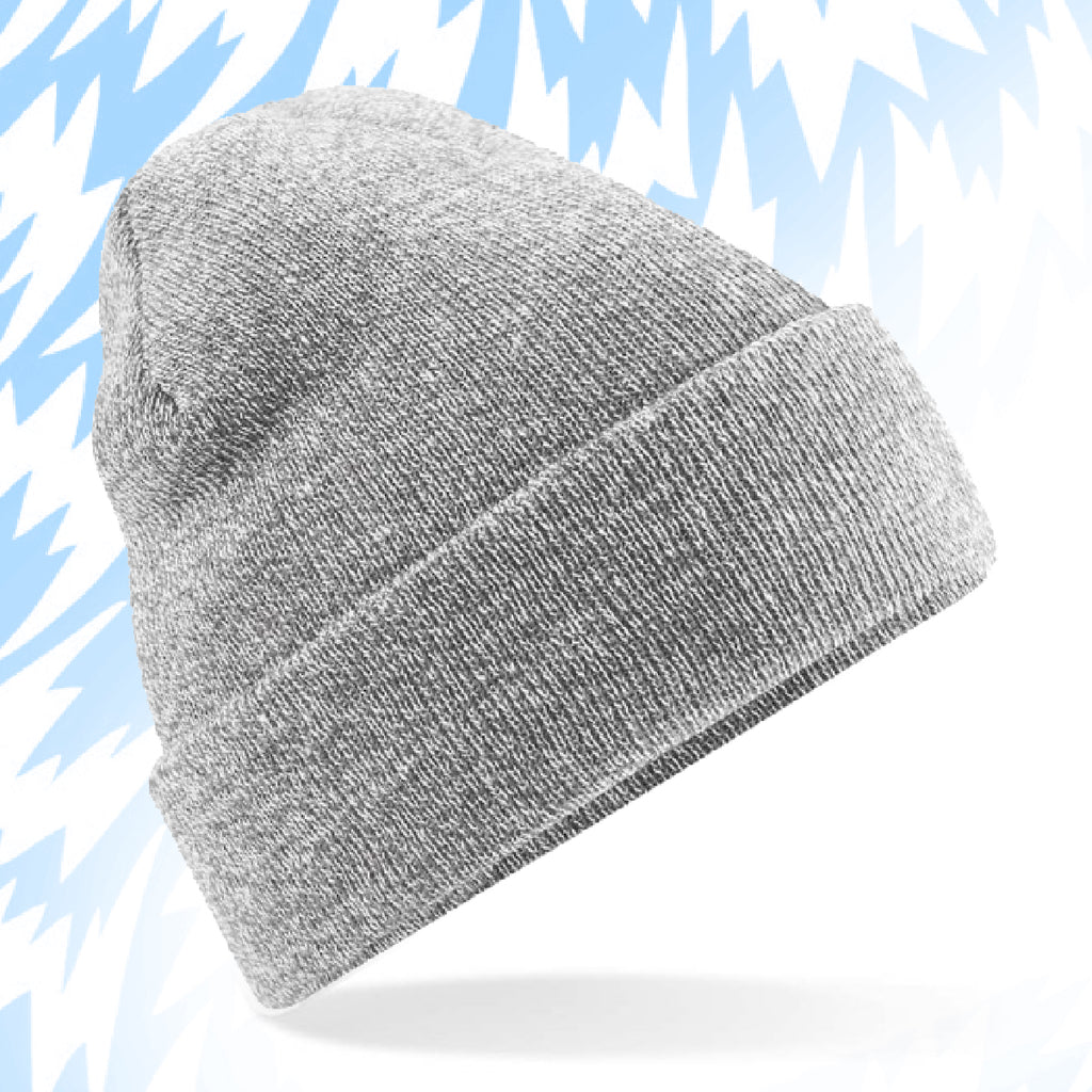 Tails FC Gray knit beanie on a light blue background with abstract patterns