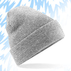 Tails FC Gray knit beanie on a light blue background with abstract patterns