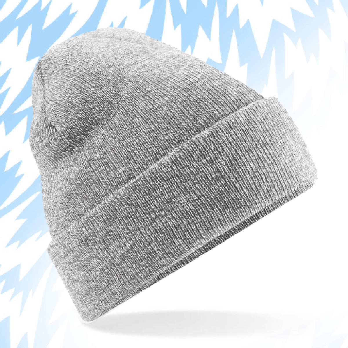 Tails FC Gray knit beanie on a light blue background with abstract patterns