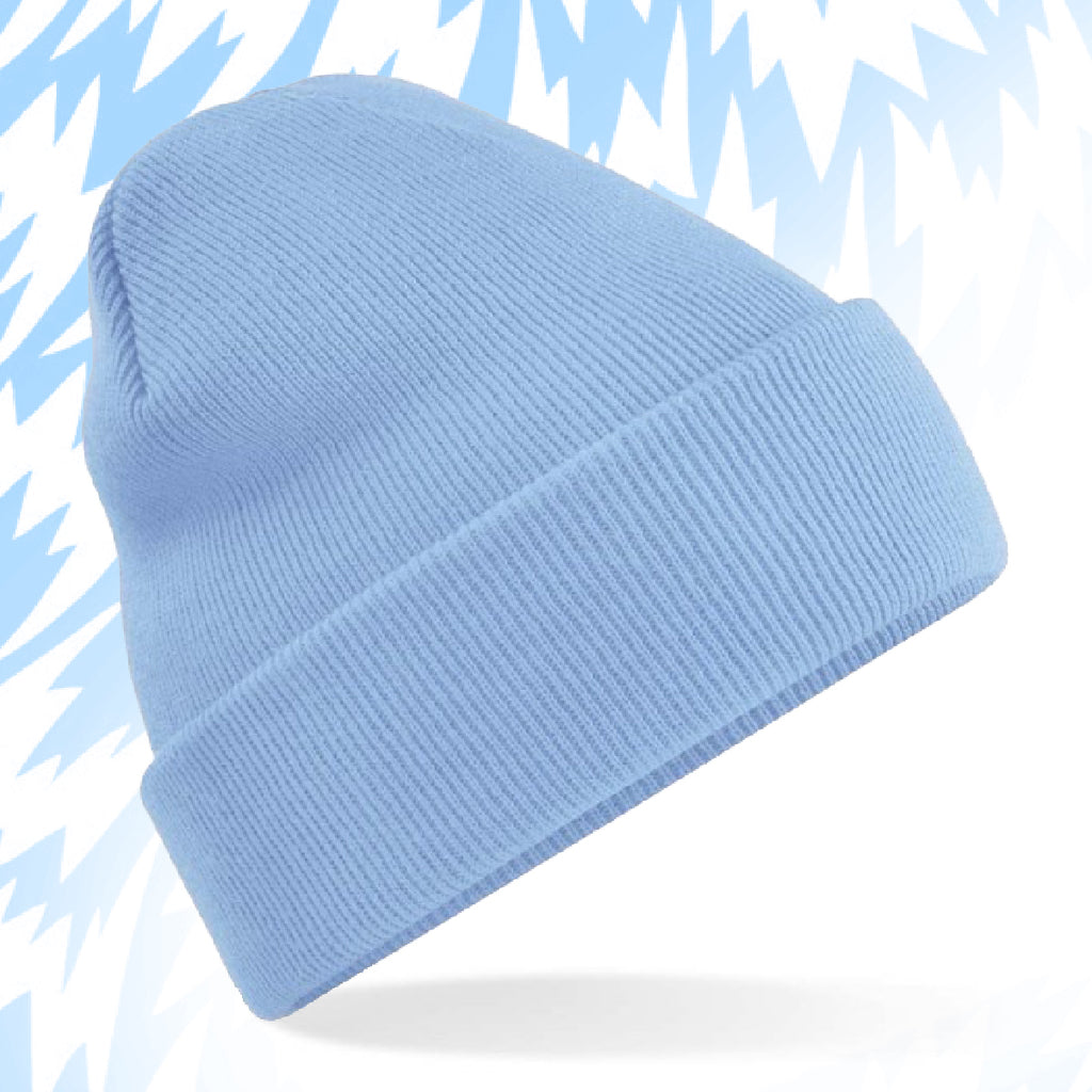 Tails FC Light blue beanie on a light blue background with abstract patterns