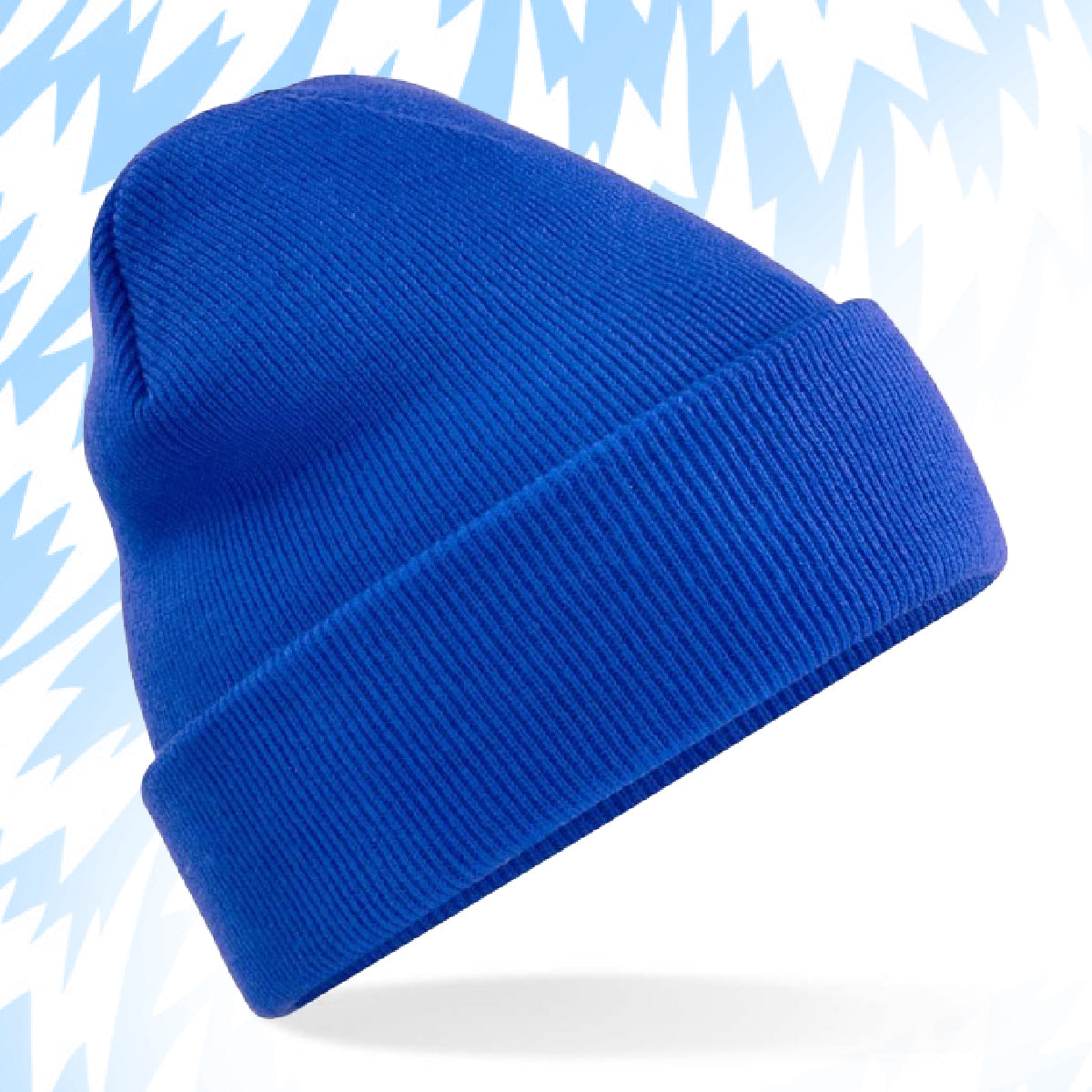 Tails FC Blue beanie on a light blue background with snowflake patterns
