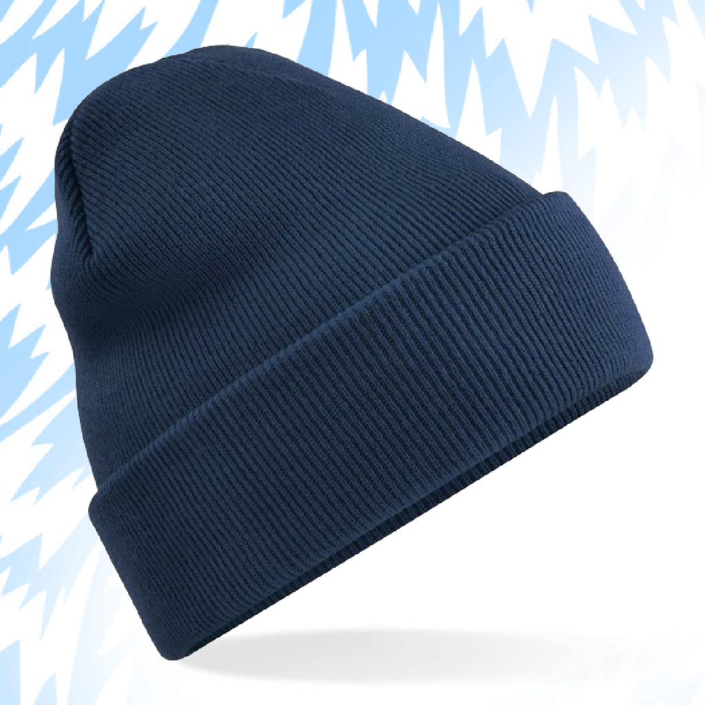 Tails FC Navy blue beanie on a light blue background with abstract patterns