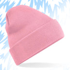 Tails FC Pink beanie on a light blue and white abstract background