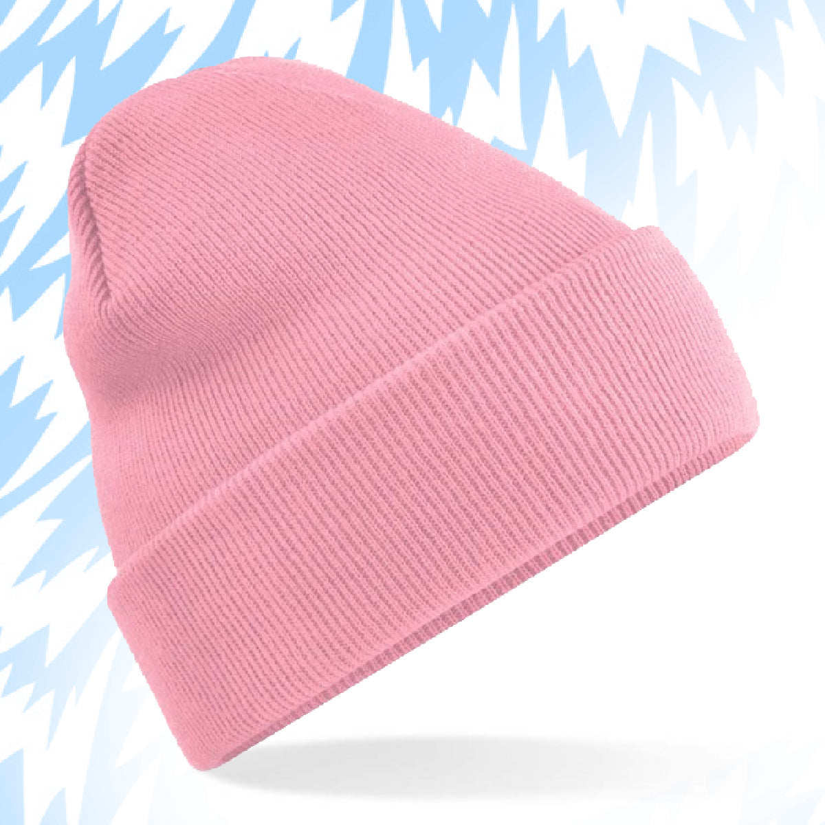 Tails FC Pink beanie on a light blue and white abstract background
