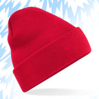 Tails FC Red beanie on a light blue background with snowflake patterns