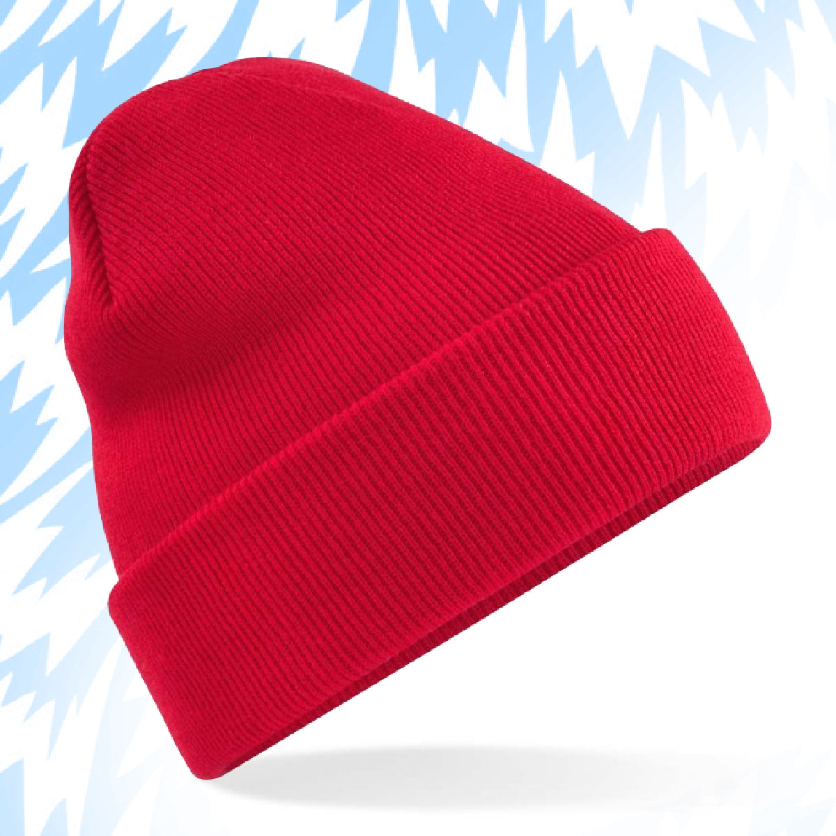 Tails FC Red beanie on a light blue background with snowflake patterns
