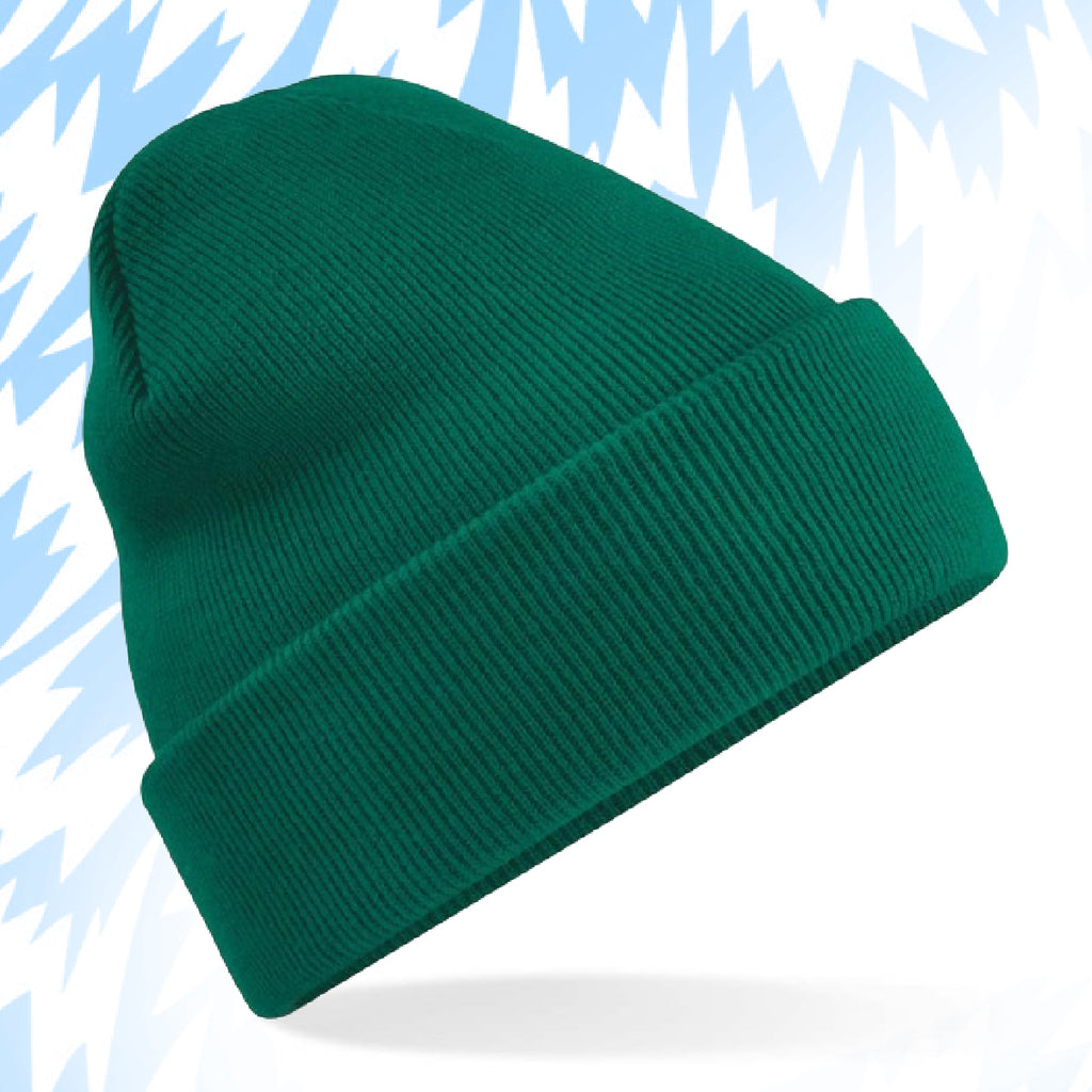 Tails FC Green beanie on a light blue background with snowflake patterns