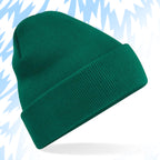 Tails FC Green beanie on a light blue background with snowflake patterns
